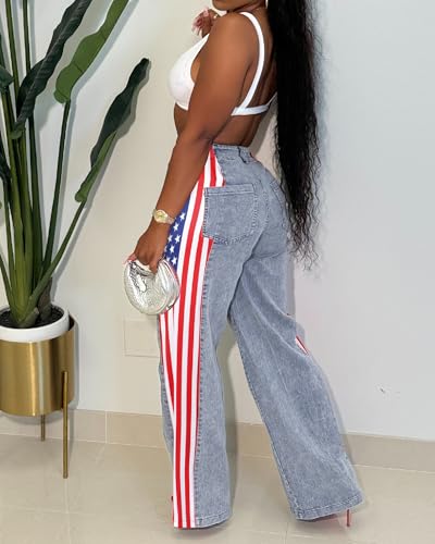 Women’s Jeans with American Flag Patchwork Stripes High Waist Loose Straight Wide Leg Denim Pants3
