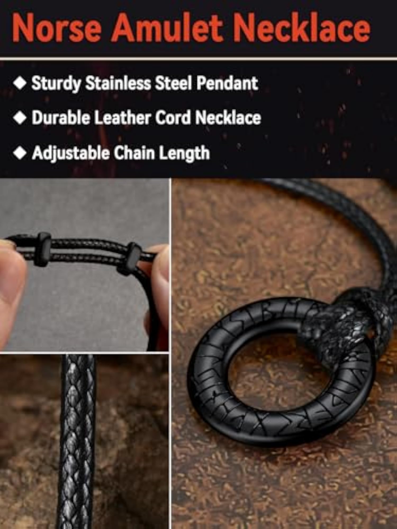 Norse Viking Rune Necklace with Adjustable Leather & Stainless Steel