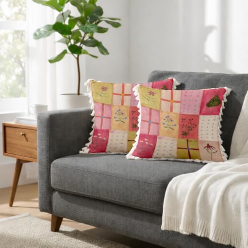 Image of STITCHNEST 'Little Meadow Series' Tassled Cushion Cover | Set of 2 | Floral Cushion Cover 16 inch x 16 inch