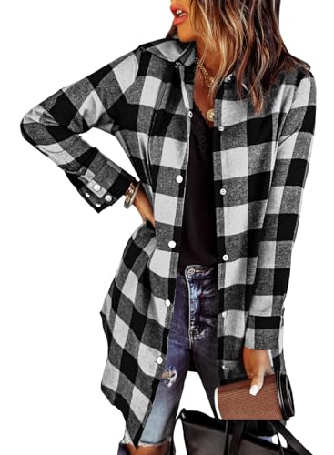 Zeagoo Flannel for Women 2025 Fall Fashion Long Sleeve Plaid Button Down Shirts Shacket Blouse Top with Pockets