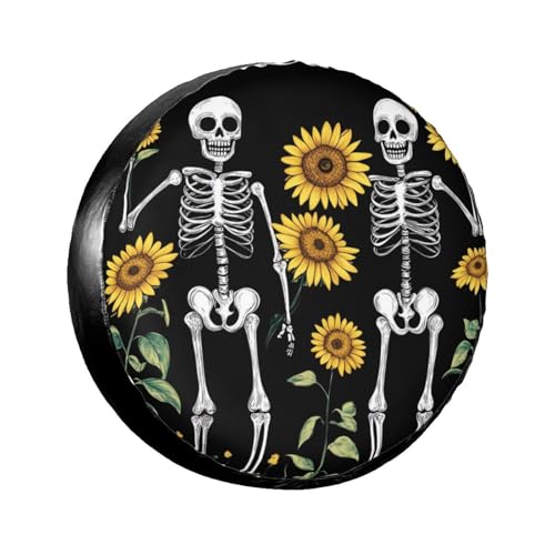 Image of Spring Sunflower Skeleton Spare Tire Cover,Cute Funny Skull Wheel Protectors Weatherproof Universal Fit for Trailer RV SUV Truck Camper Trailer Travel Outdoor,15 inch
