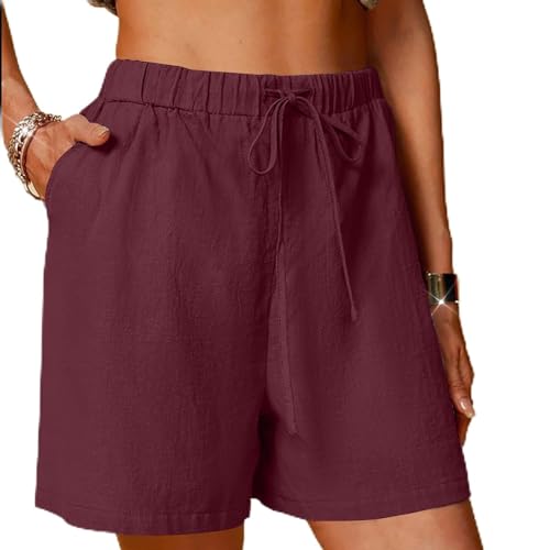 oelaio Workout Shorts for Women,Cotton Linen Solid Wide Leg Pants,Trendy Summer High Waist Drawstring Going Out Pants with,Wine,Small