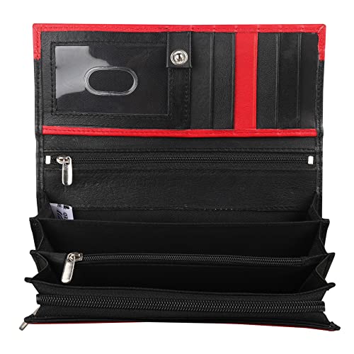 Women's Ladies RFID Blocking Luxury Soft Real Napa Leather Clutch Wallet Long Flapover Purse Black Red 3703