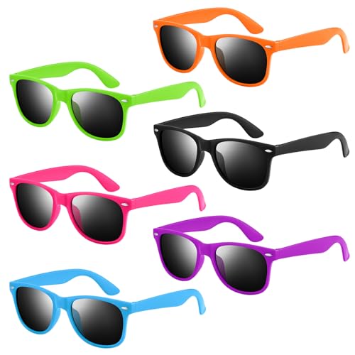 NEBURORA Lot de 6 lunettes de soleil fluo classiques rétro multicolores pour adultes, hommes, femmes, anniversaire, été, plage, piscine, fête