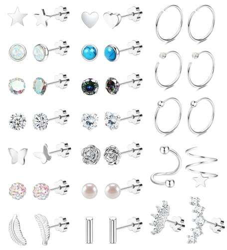 Staligue 21 Pairs Surgical Steel Flat Back Earrings Set for Women Men Hypoallergenic 20G Stainless Steel Stud and Hoops Earrings for Sensitive Ears Small Cz Heart Star Moon Opal Cartilage Earrings