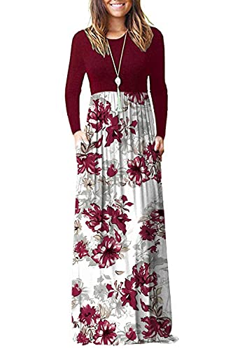 AUSELILY Women Long Sleeve Loose Plain Maxi Dresses Casual Long Dresses with Pockets (M, Red Flower White)