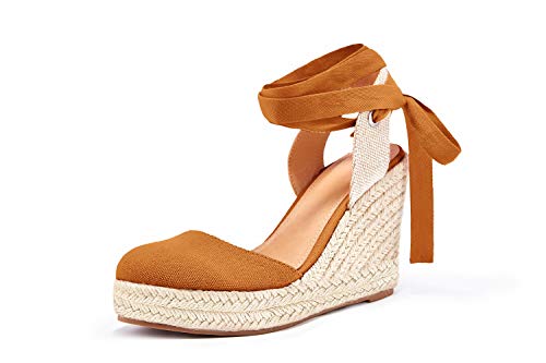Image of Nailyhome Women's Espadrille Wedge Sandals Closed Toe Lace Up Platform Ankle Wrap Summer Casual Shoes