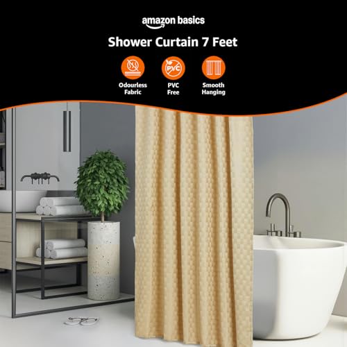 Image of Amazon Basics Shower Curtain 7 Feet | PVC-Free, No Plastic Smell | Machine Washable Fabric | Cream | 6ft Wide | 12 Hooks -180 CM X 210 CM
