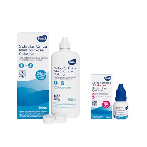 Senti2 Solución Única para Lentes de Contacto Blandas - 500 ml, 1 & Gotas Hidratantes para ojos secos - 10 ml