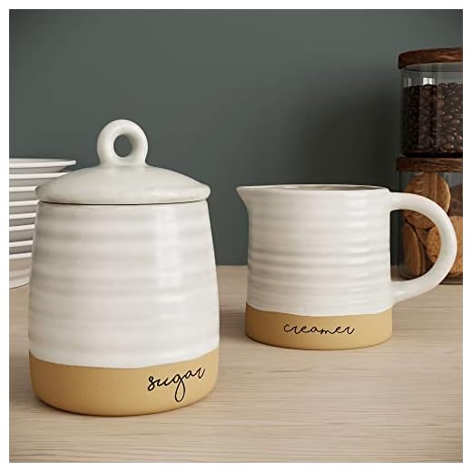 Barnyard Designs Ceramic Stoneware Sugar Creamer Set, 11oz Creamer Pitcher and Sugar Bowl with Lid, Vintage Farmhouse Sugar Creamer Dispenser Container Holder, Sugar Cube Dish Coffee or Tea, Ivory/Tan