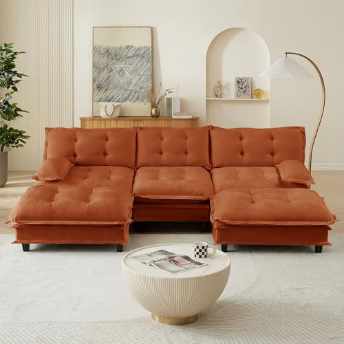Image of 108 inch Sectional Sleeper Sofa with Ottoman, U Shaped Modular Deep Seat Couches for Living Room Apartment, Flexible Module Combination Cloud Sofa with Spring Support, Easy Assembly, Orange