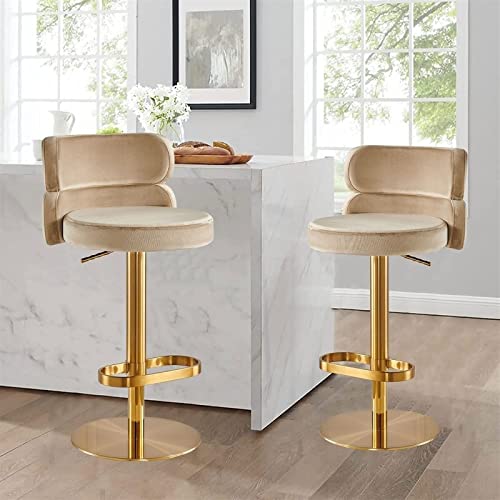 Adeade Velvet Swivel Adjustable Heigh Bar Stools Set Of 2 Kitchen Island Heigh Bar Chairs With Backs Counter Height Bar Stools Gold Legs Round Upholstered Seat For Pubs, Breakfast Restaurant (Khaki) #TOP5