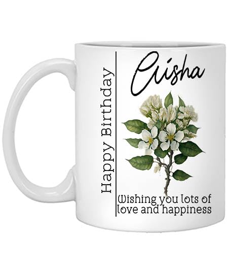 Birth Flower Mug Personalized Name Aisha 11oz White Mug Gift, Birth Flower Gifts, Birth Flower Cup, Birth Flower Gifts for Women, Birthday Gift for Her, Custom Mug 899345