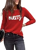 EVALESS Womens Fashion 2025 Spring Summer Tops Christmas Outfits Crewneck Long Sleeve Tops Shirts Loose Fit Basic T Shirts Tee Blouses Red Medium