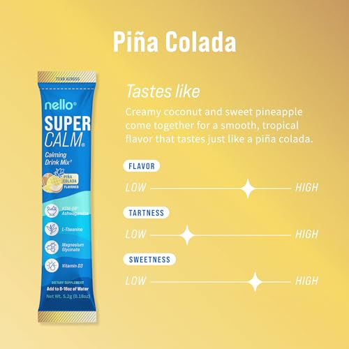 Image of Nello Supercalm Powdered Drink Mix, Cortisol Reducer* and Sleep Aid Supplement, L Theanine, Ksm-66 Ashwagandha, Magnesium Glycinate, Vitamin D 3, No Sugar, Non GMO, On The Go, 20 Ct, Pina Colada