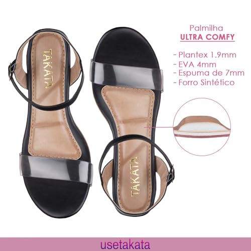 Sandália Feminina Salto Baixo Bloco Fivela Moda Confortável Básica Casual Tiras Vinil Transparente (