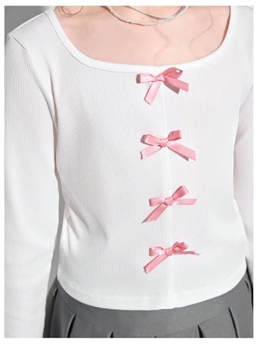 SHENHE Girl's Cute Bow Front Long Sleeve Tee Shirt Square Neck Going Out Fall Knit Top4