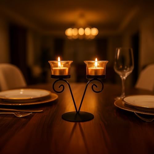 Image of MARKET 99 Metal+Glass 2 Votive T- Light Holder | Elegant Home Decor for Diwali, Christmas, Birthday, and Wedding | Decorative Candle Holder for Ideal for Festive & Ambient Lighting | Black & Golden