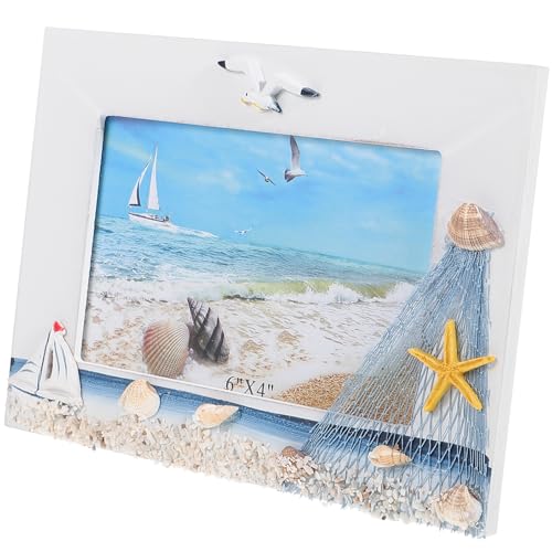 SHINEOFI Marco de Fotos Náutico de Madera de 6 Pulgadas, Estilo Mediterráneo, Portafotos de Sobremesa para Decoración del Hogar Temática Marina, Adorno de Escritorio para Fotos