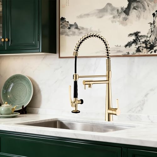Image of Copper Kitchen Faucet, Solid Brass Brushed Gold Kitchen Faucet, Heavy Duty Spring Pre-Rinse Single Handle Kitchen Faucets with Pull Down Sprayer and Pot Filler, Commercial Style Sink Faucet