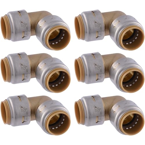 Image of SharkBite Max 3 /4 x 3 /4 in PTC 90-Degree Elbow, Pack of 6, Push-to-Connect Brass Plumbing Fitting, UR256
