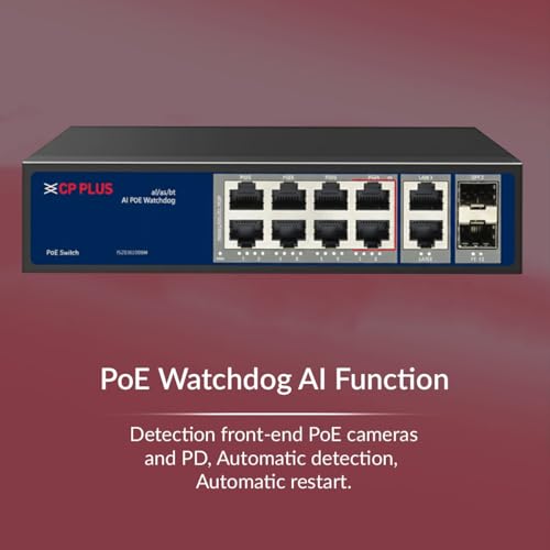 Image of CP Plus AI PoE Switch | 8 Gigabit PoE Ports + 2 Gigabit Uplink Ports + 2 SFP Slots | 120 W PoE Budget | H /W IP65 Outdoor | AI Watchdog & 6 kV Surge Protection [CP-ANW-GPU8G2F2-N12]