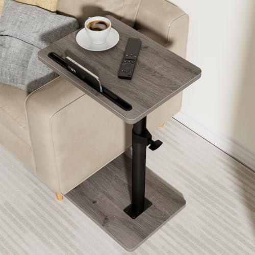 Image of YUHFERA Sofa Armrest Tray Table for Couch - 360 Swivel Height Adjustable End for Small Spaces, Snack Side Table for Bed or Chair with Phone & Tablet Slot (Gray,Standard)