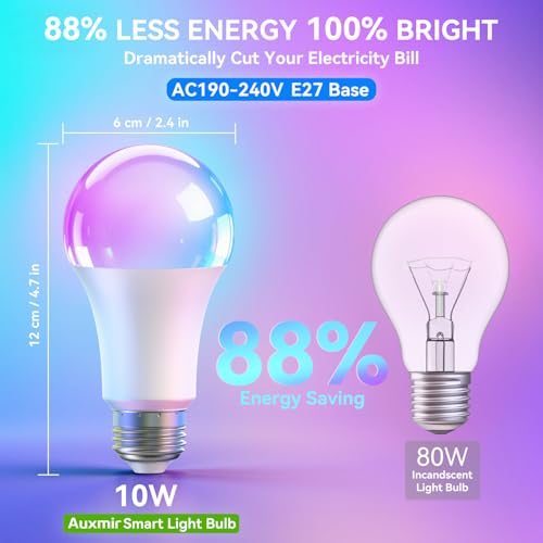 Miniatura 8 de Auxmir Bombilla Inteligente Led Wifi E27, 16 Millones De Colores, Brillo Regulable, 10w, 800 Lúmenes, Compatible Con Alexa Y Google Home, Paquete De 2