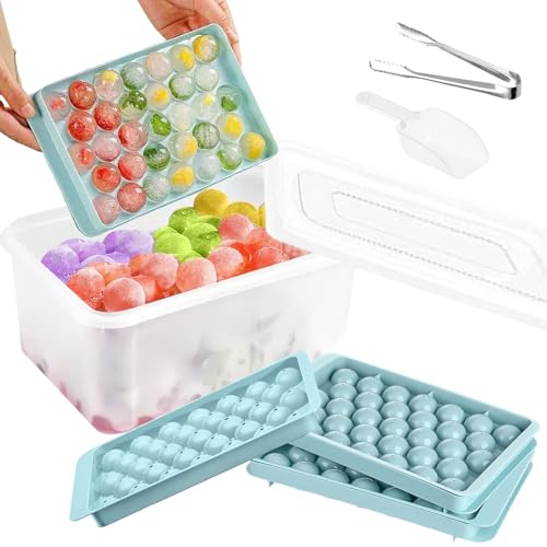 Mini Round Ice Cube Tray with Ice Bin, Scoop, Tong, 99pcs Sphere Ice Balls Maker Mould with Lid,Reusable Ice Cube Mold for Freezer, Ice Ball Container for Chilling Cocktail, Whiskey, Tea, Coffee(Blue)