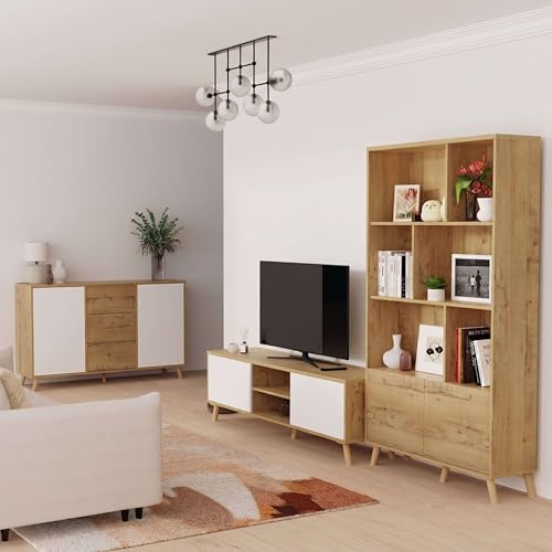 Miroytengo Conjunto de Muebles Salón, Mueble de TV, Aparador y Librería Oslo Blanco Mate y Roble Gold