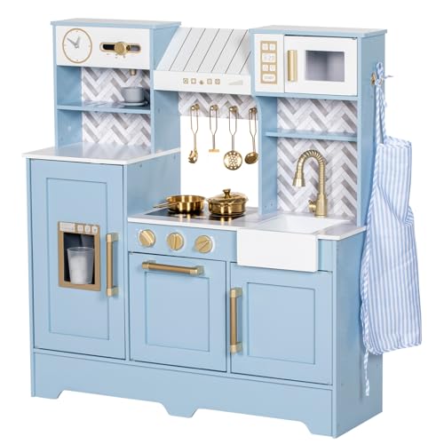BRINJOY Kinderküche, Holz Kleinkind Küche Set mit Vorhänge, Kaffeemaschine, Aufbewahrungsregal, Herd, Waschbecken, Geschirr, Licht & Klang,Spielen Küche Spielzeug Geschenk für Mädchen Jungen (Blau)