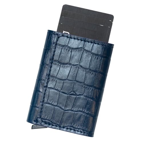 Image of Jenoss Smart Wallet For Men: Full Grain Leather, Handcrafted, Slide Metal Pop Up Case, Slim RFID Blocking Credit Card Holder, Minimalist, Compact, 6-8 Cards Organizers, Front Pocket, Money Clip (Navy)