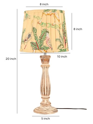 Image of Green Girgit Athens Wooden Lamp in Distress White Color with Pleeted Multiolor Green Shade, Vintage Style Table Lamp with Tropical Print Shade, Decorative Bedroom Lighting (LED Bulb Included)
