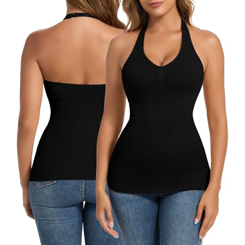 Joyshaper Women Tank Top with Built in Bra Tummy Control Camisole Full Body Shaper Halter Neck Tops Compression Undershirt, Black, XXL