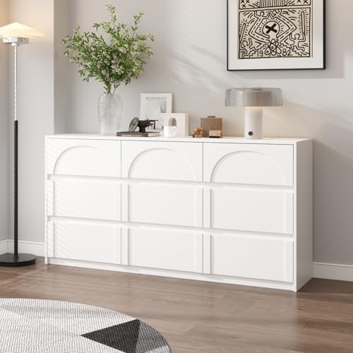 TAMUNE 9 Drawer Dresser Chest of Drawers, Modern White Dresser for Bedroom, 63” Wide Drawer Chest, No Handles, Arch-Shape Pattern, 9 Drawer Cabinet, 13.8”D x 63”W x 31.5”H
