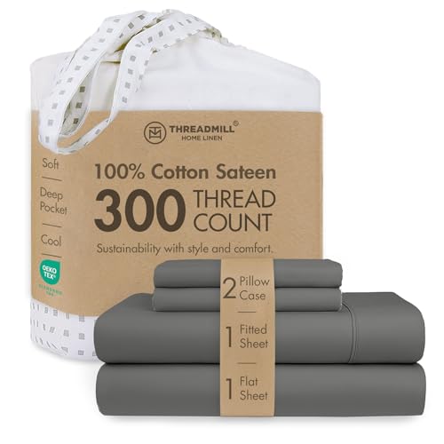Image of Threadmill 300 Thread Count Cotton King Sheet Set, Sateen, Solid, Dark Grey | 100% Cotton, Sateen Weave, 4-Piece Set, 16 inch Deep Pocket, Cooling, Breathable, All-Season, Lightweight, OEKO-TEX Certified