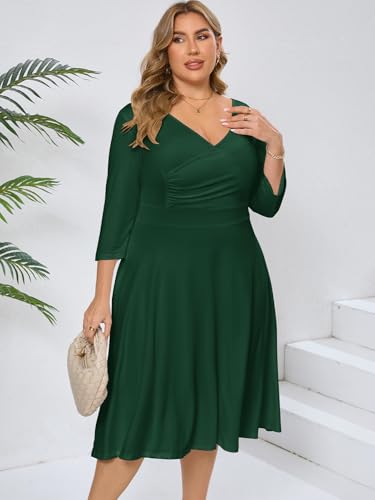 Image of Plus Size Dresses for Women A-Line V-Neck Swing Flowy 3 /4 Sleeve | 3 /4 sleeve,v neck,pockets,casual,cocktail,wedding,holiday,home,work,date party,vacation,outdoor