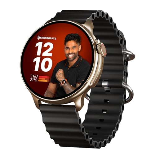 Image of CrossBeats Aura Round 1.46 inch Super AMOLED Smart Watch, Always On, Advanced AI ENC Bluetooth Calling, in-Built Games, Fast Charge, Rotating Crown, 123+ Sports Modes, 454 x 454 Pixel (Gold, Black)