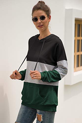 Barlver Women's Casual Colorblock Hoodies Long Sleeve Sweatshirts Cowl Neck Drawstring Hooded Pullover Top With Pockets(36-Green M) #TOP1