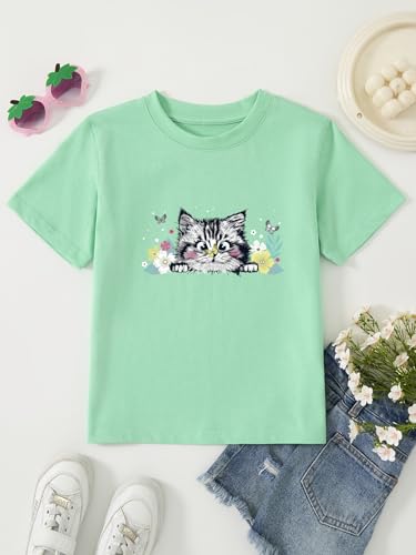 Image of Girl's Cute Cat Graphic T-Shirts Funny Animal Lover Green
