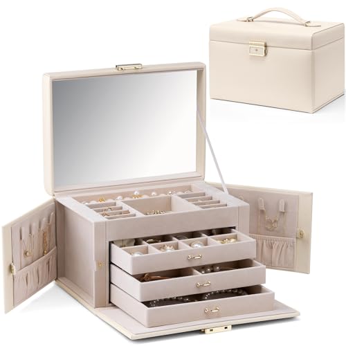 Vlando Large Jewellery Box for Women Lockable Jewellery Boxes with 3 Drawers Jewelry Storage Earrings, Rings, Necklaces, Bracelets, Brooches, Watches