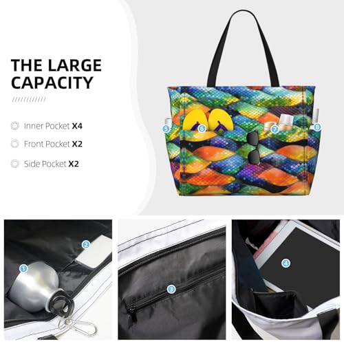 Rainbow Fish Scale Large capacity beach bag with zipper, perfect for grocery bag pool gym travel shopping foldable beach travel bag,3
