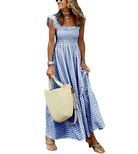 Image of ebossy Women's Fashion Plaid Dress Sleeveless Smocked Ruffle Pleated Boho Party Beach Gingham Maxi Dresses
