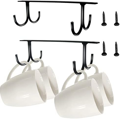 Mug Rack Under Cabinet 2 Pack,Thickened 5mm Metal Coffee Mug Holder Under Shelf with 8 Big Hooks for All Cups,Heavy Duty Coffee Cup Holder,Multifunctional Coffee Cup Rack