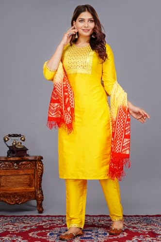 Image of Women's Silk Embroidered Kurta with Pant and Dupatta Set, Straight Style