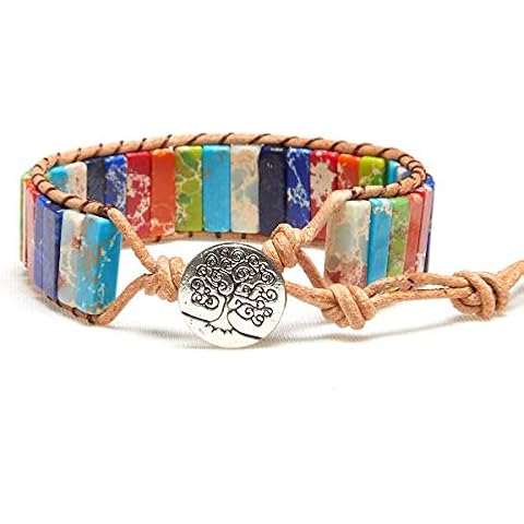 ZOSOJONA Starto 7 Chakra Bracelet with Real Gemstones Leather Boho Healing Yoga Bracelet Friendship Jewelry, Leather, Jasper Cover