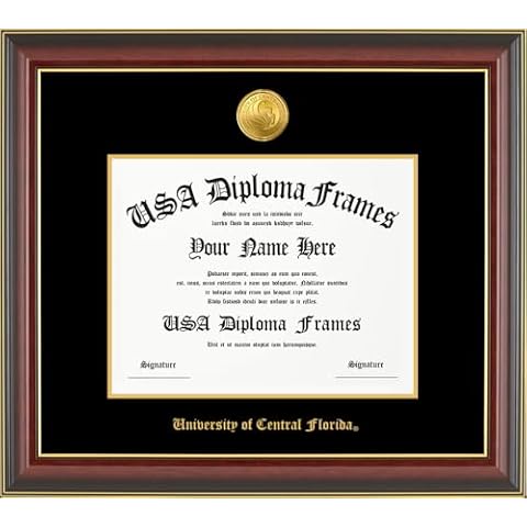 USADiplomaFrames -University of Central Florida Licensed Diploma Frame - Only Fits 8.5" x 11" Bachelor's Degree - Cherry Mahogany Gold Trim Glossy with Black Suede Matting - Gold Seal Medallion Cover