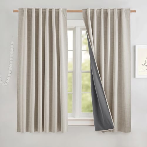 NICETOWN Natural Linen 100% Blackout Short Curtains 48 inches Thermal Insulated & Noise Reducing Window Draperies with Grey Liner Short Drapes for Cafe Bar (52 W by 48 L 2 Panels)