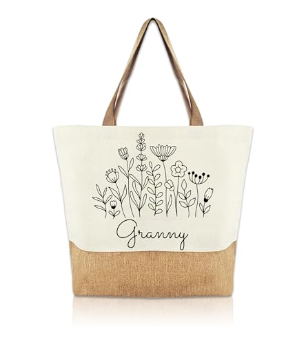 RUHSNJK Granny Tote Bag Large Jute Shopping Bag with Floral Design Granny Gifts for Birthday Mothers Day Gifts for Granny Everyday Use Granny Gift Reusable Shoulder Bag for Shopping Picnic Travel