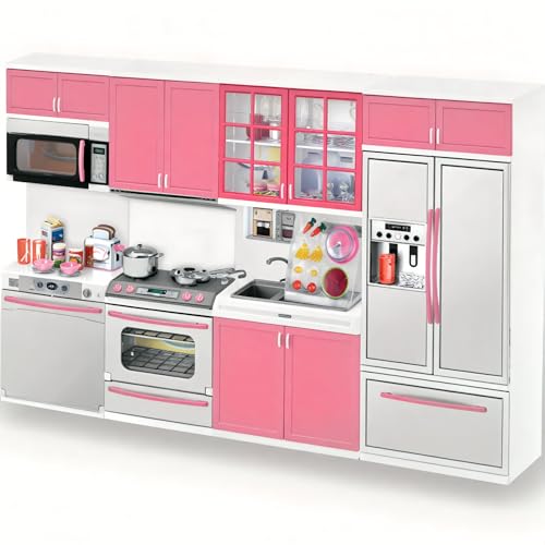 Doll Kitchen Playset for Kids, My Modern Mini Kitchen House Furniture Pretend Play Toy Accessories Set with Realistic Lights & Sounds for Toddlers,...